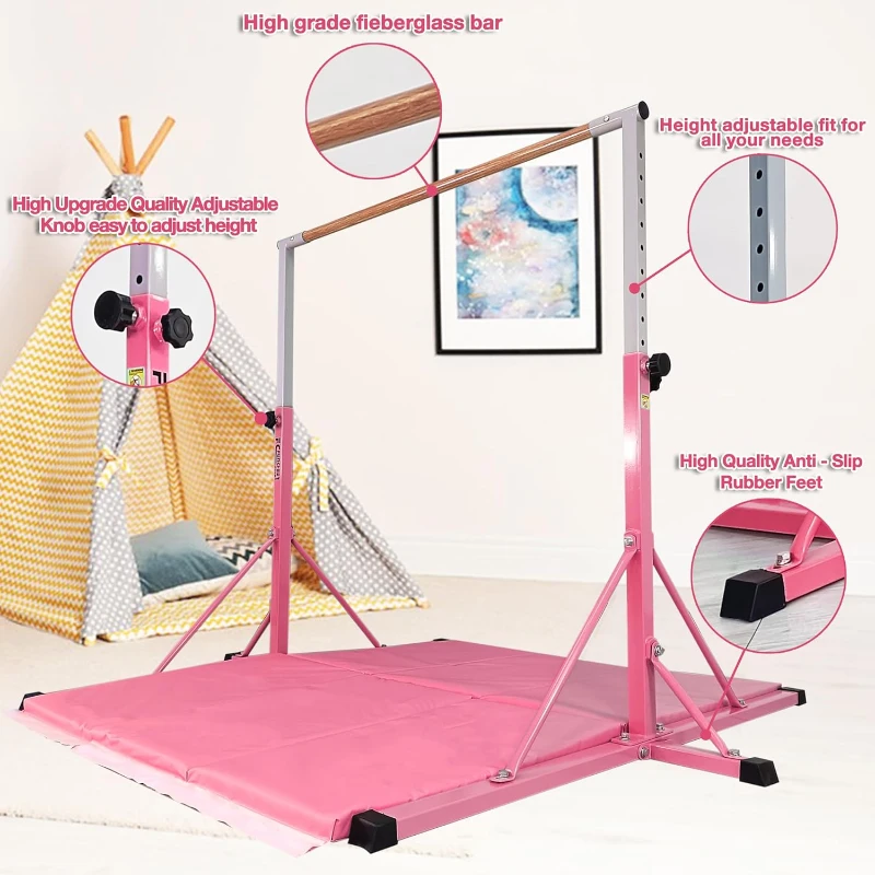 Portable Gymnastics Bar 5FT/6FT for Kids Ages 5-20 - Adjustable 35""–59"" (5FT Model), 500 lb Capacity with Folding Mat