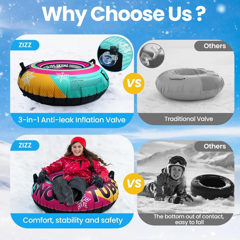 ZIZZ 48-inch Premium Canvas Inflatable Snow Tube — Heavy-Duty Winter Sled for Families