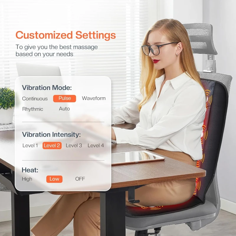 CILI Heated Massage Chair Pad – Back Massager Seat Cushion with 10 Vibration Motors, 30/60/90-Min Timer, for Office & Home Use