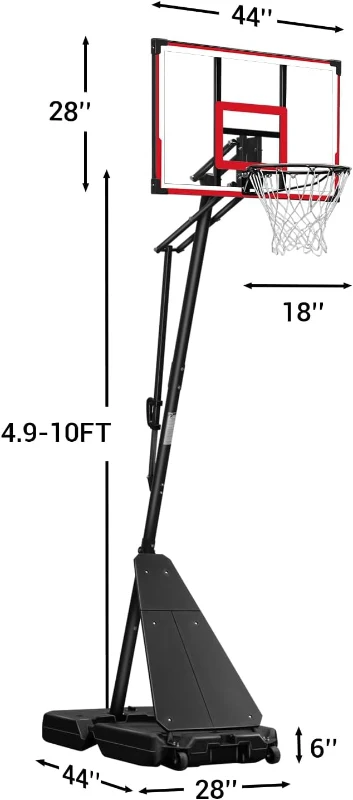 WIN.MAX Portable Basketball Hoop System — 44 in Backboard with Large Fillable Base, Adjustable 4.9–10 ft, 18 in Rim