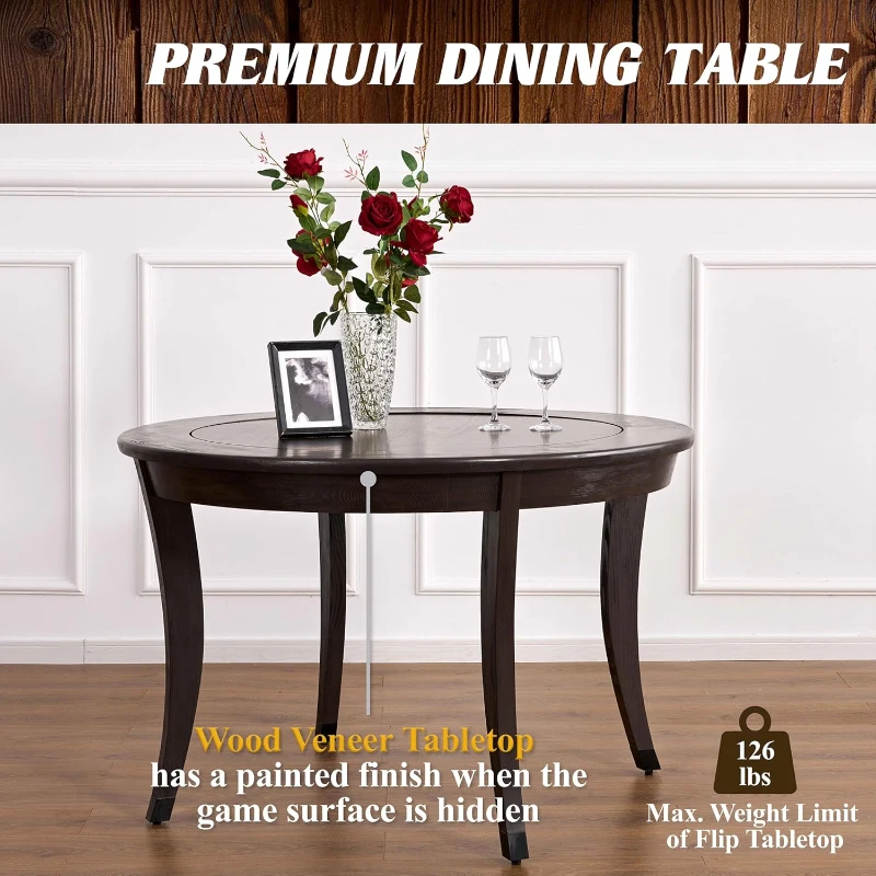 Barrington 48"" 2-in-1 Rotating Poker & Dining Table — Wood Veneer Frame with Hidden Faux-Leather Poker Top for 6 Players
