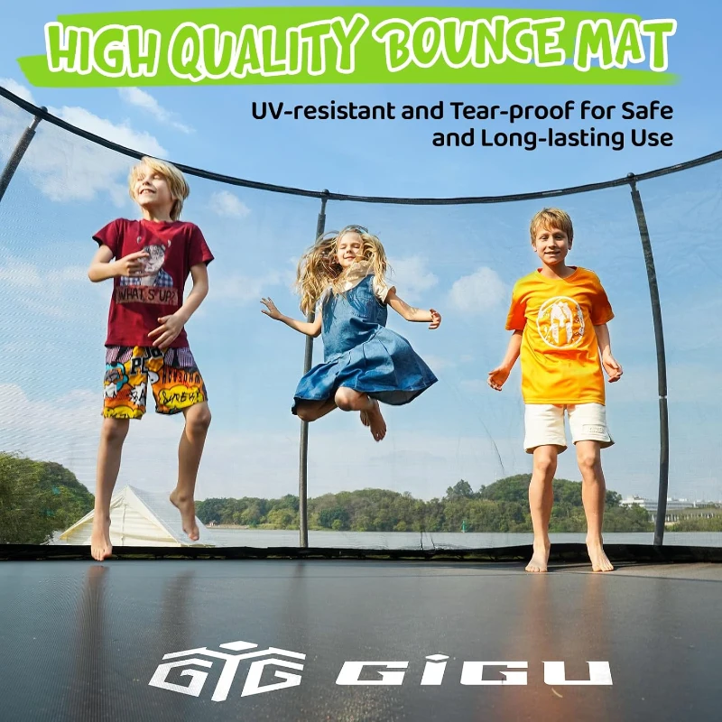 GIGU Outdoor Trampoline (10/12/14/15/16 ft) with Enclosure Net, Ladder & Anti-Rust Coating – Recreational, ASTM & CPSIA Approved