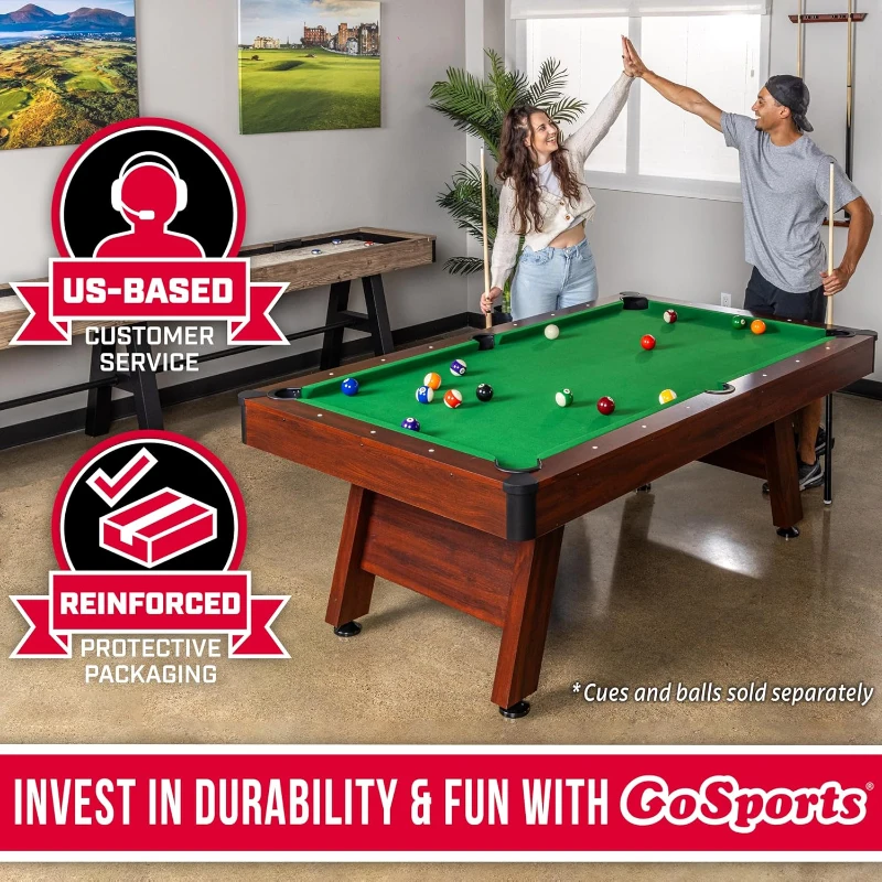GoSports 7 ft Wood-Finish Pool Table — Rustic Brown Frame with Green Felt (7 x 4 ft)