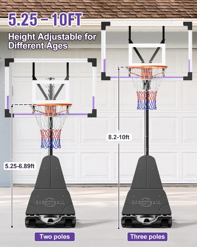 TONBUX Portable Basketball Hoop — 44/48-inch Shatterproof PC Backboard, Stepless Height Adjustment 5.25–10 ft for Kids, Teens & Adults (Backyard, Driveway, Indoor)