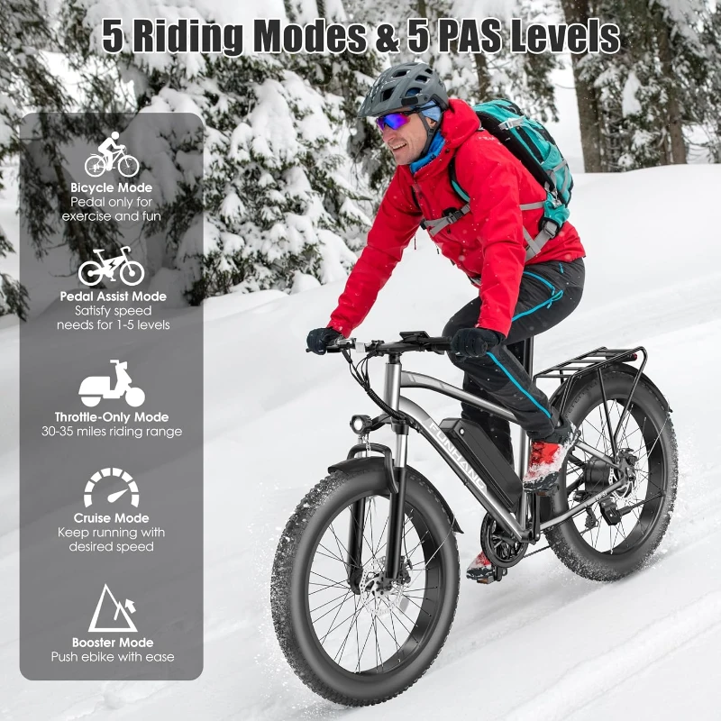 Funhang Electric Bike for Adults - Peak 1000W Ebike, 26"" Fat Tire Mountain Bike, 25 MPH, 60 Mile Range, 48V 13Ah Battery, Rear Rack, Front Suspension, 7-Speed, UL 2849 Certified