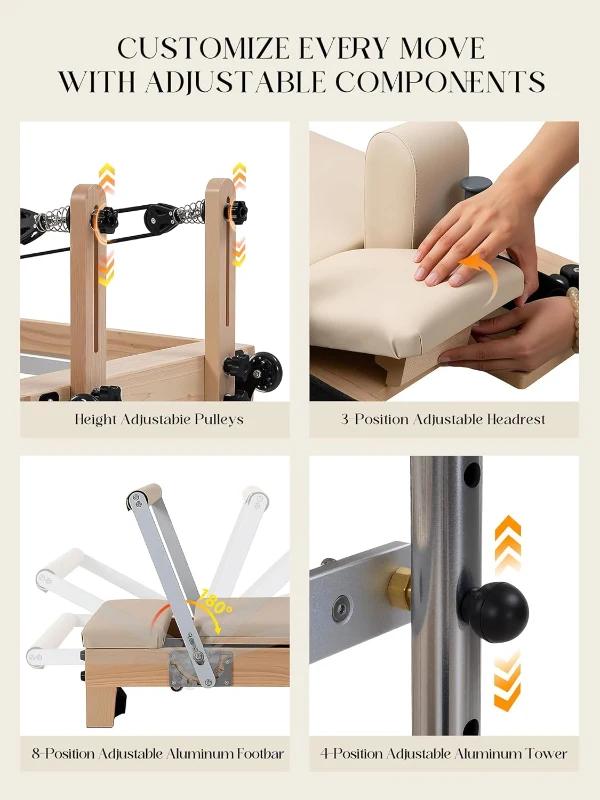 3-in-1 Pilates Reformer Cadillac Combo — Oak Wood Reformer with Cadillac Trapeze & Tower, Quick-Convert Studio-Grade Equipment