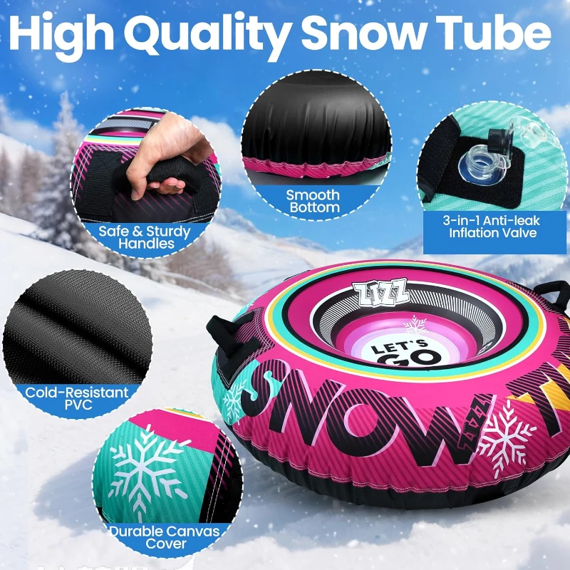 ZIZZ 48-inch Premium Canvas Inflatable Snow Tube — Heavy-Duty Winter Sled for Families