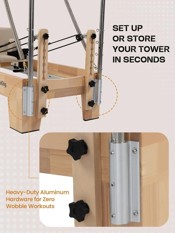Oak Wood Pilates Reformer with Tower — Quick-Assembly Studio-Grade Reformer Machine with Tower & Accessories for Home and Gym