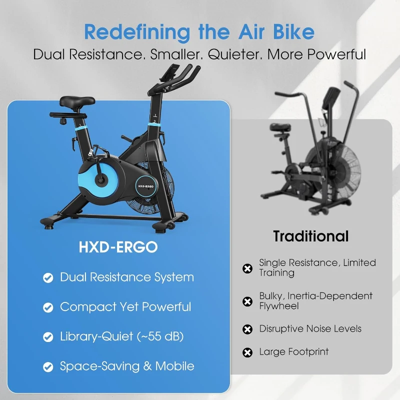 HXD-ERGO Indoor Magnetic & Air Bike, Stationary Exercise Bike with Silent Belt Drive, App Compatibility, LCD Monitor, 350 lb Capacity