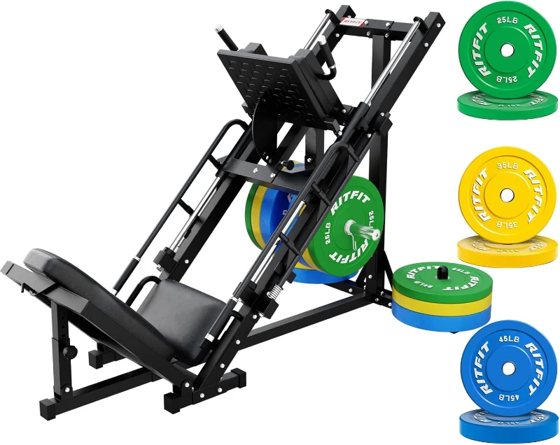 RitFit Adjustable Leg Press & Hack Squat Machine with Weight Plate Set - Professional Home Gym Equipment with Linear Bearings, Dedicated Lower-Body Trainer and Vertical Plate Storage