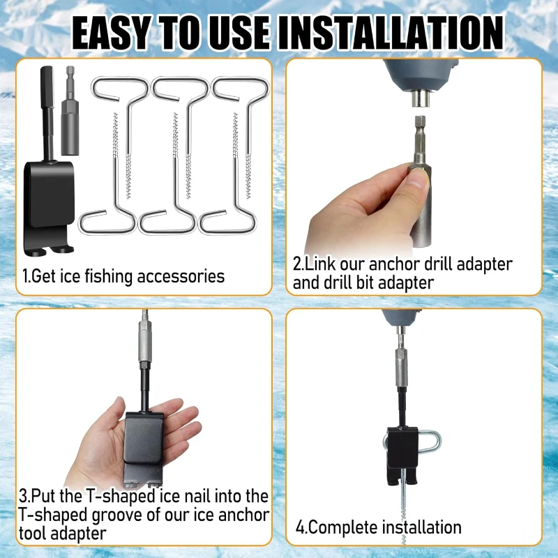 Universal Ice Anchor Tool Kit with 1/4"" Drill Adapter, Ice Fishing Tent Stakes, Rope Hangers & Auger Adapter for Securing Ice Shelters