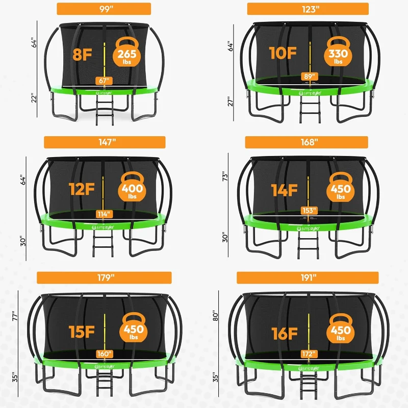 JUMPZYLLA Outdoor Trampoline with Safety Enclosure & Ladder — 8FT/10FT/12FT/14FT/15FT/16FT, ASTM-Certified Recreational Trampoline for Kids and Adults, Anti-Rust Coated Frame