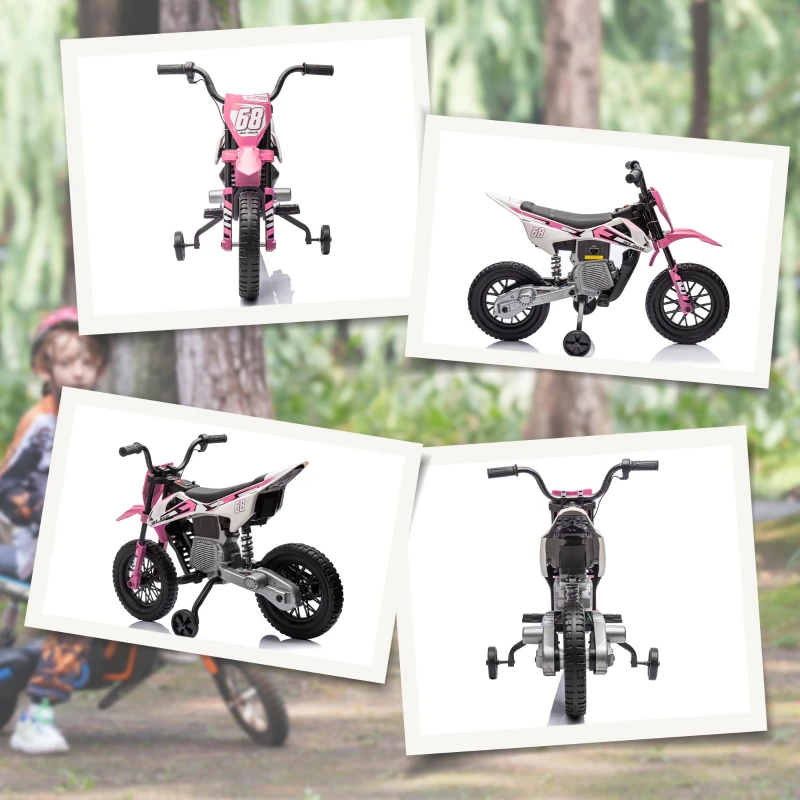 Qaba 12V Kids Dirt Bike, Electric Motorcycle with Twist Grip Throttle, Training Wheels, Rear Suspension & Music, Pink