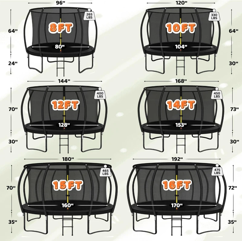 JELENS Backyard Trampoline — Available 8/10/12/14/15/16FT with Enclosure Net & Ladder, Galvanized Anti-Rust Frame, ASTM F381-16