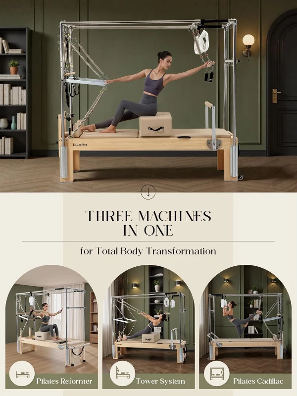 3-in-1 Pilates Reformer Cadillac Combo — Oak Wood Reformer with Cadillac Trapeze & Tower, Quick-Convert Studio-Grade Equipment