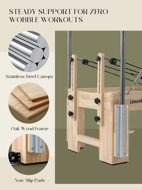 3-in-1 Pilates Reformer Cadillac Combo — Oak Wood Reformer with Cadillac Trapeze & Tower, Quick-Convert Studio-Grade Equipment