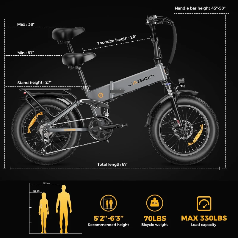 Jasion X-Hunter Folding Electric Bike — 1400W Peak Motor (750W Rated), 30 MPH, 624Wh Removable Battery, 20""x4"" Fat Tires, Full Suspension, 7-Speed E-Bike