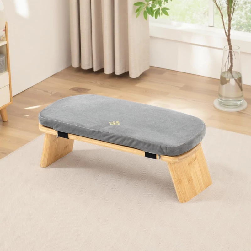 Large Bamboo Folding Meditation Bench with Cushion (Grey) – Upgraded Seiza Kneeling Stool, Ergonomic 6° Tilt with Magnetic Locking Hinges