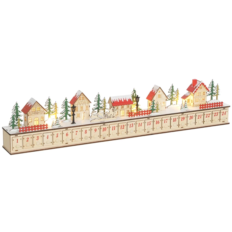 HOMCOM Christmas Advent Calendar with 24 Countdown Drawers and LED Lights, Wood-Effect Advent Calendar, Battery Operated