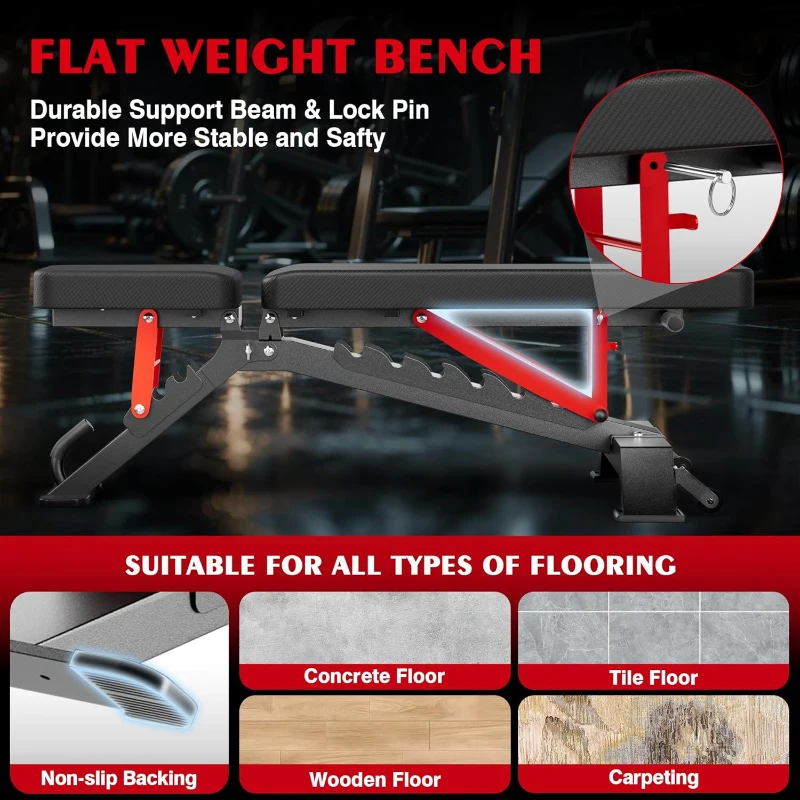 Adjustable Heavy-Duty Workout Bench – 1300 lb Capacity Incline/Flat/Decline Bench with Wheels and Quick Setup