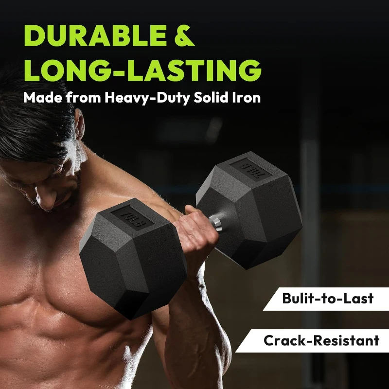 Hex Rubber-Encased Dumbbell Pairs (5–40 lb) — Solid Cast Iron Home Gym Hand Weights for Strength & Muscle Training