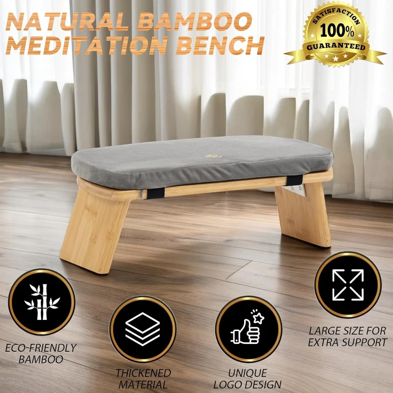 Large Bamboo Folding Meditation Bench with Cushion (Grey) – Upgraded Seiza Kneeling Stool, Ergonomic 6° Tilt with Magnetic Locking Hinges