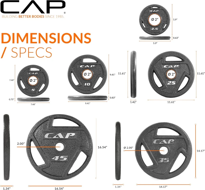 CAP Barbell 2-Inch Olympic Cast Iron Plate Weight Set | 75–285 lb Options, Durable Finished Weights