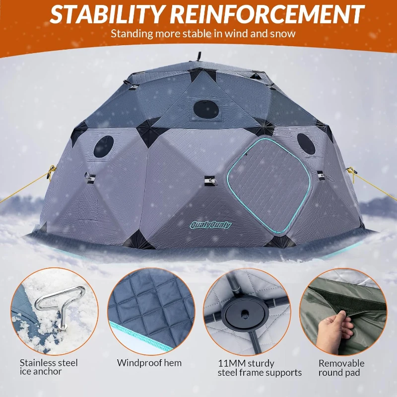 QualyQualy 8-10 Person Insulated Pop-Up Ice Fishing Tent with Floor - 147 sq ft Shelter with Stove Jack and Carry Bag