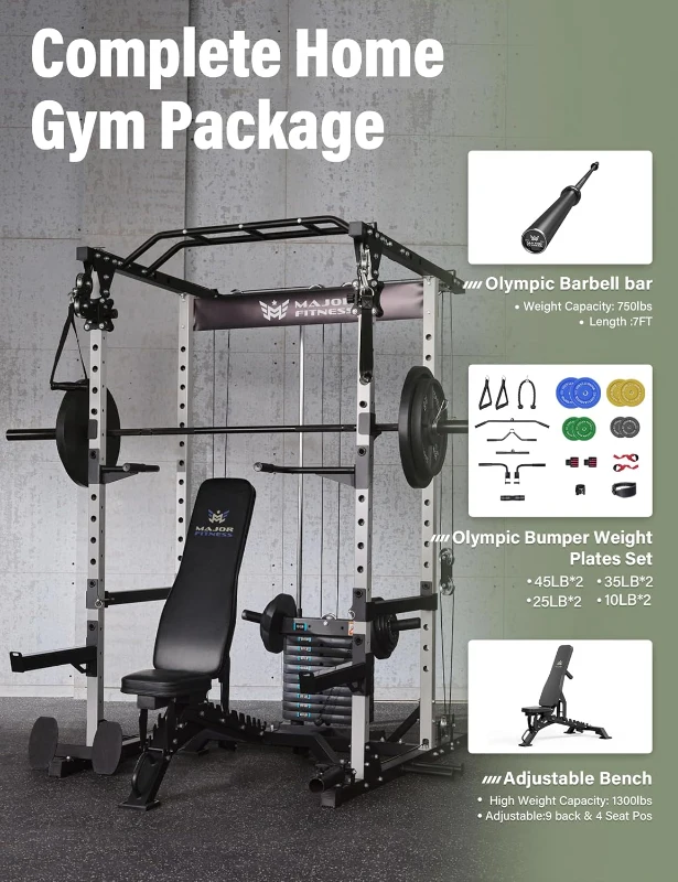 MAJOR FITNESS Drone1 Power Cage — Multi-Function Home Power Rack with Integrated 100 lb Weight Stack, Cable Crossover, Pull-Up Bar, Heavy-Duty Steel Construction