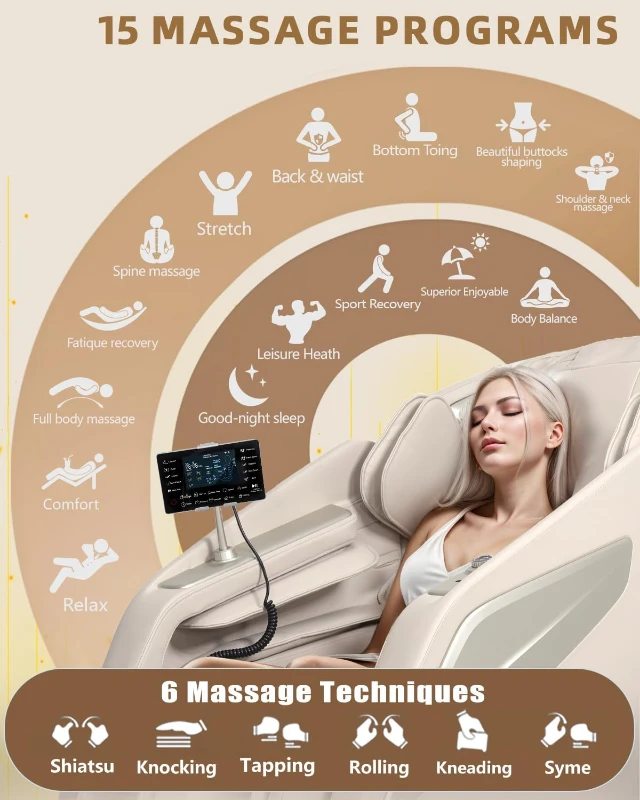 RelaxRelife Full-Body 4D Zero-Gravity Massage Chair with Body Scan, Intelligent Shiatsu Stretch, Heated Back & Legs, AI Voice Control, Bluetooth Speaker, Airbags and 135cm SL-Track — Beige