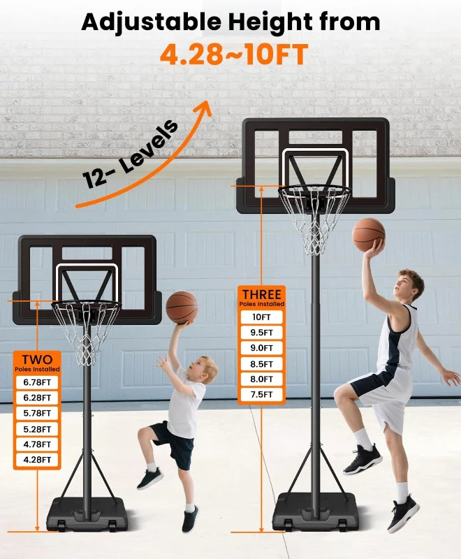 IGL Portable Basketball Hoop – 44"" PC Backboard, Height Adjustable 4.28–10 ft, Outdoor/Driveway Goal for Kids, Teens & Adults