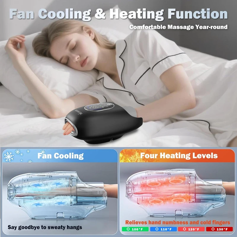 belhope Hand Massager — Hot & Cold Therapy with 9 Modes, 9 Intensities, Graphene Heat, Compression and Pressure Sensor, Wrist Support, 3000mAh, Black