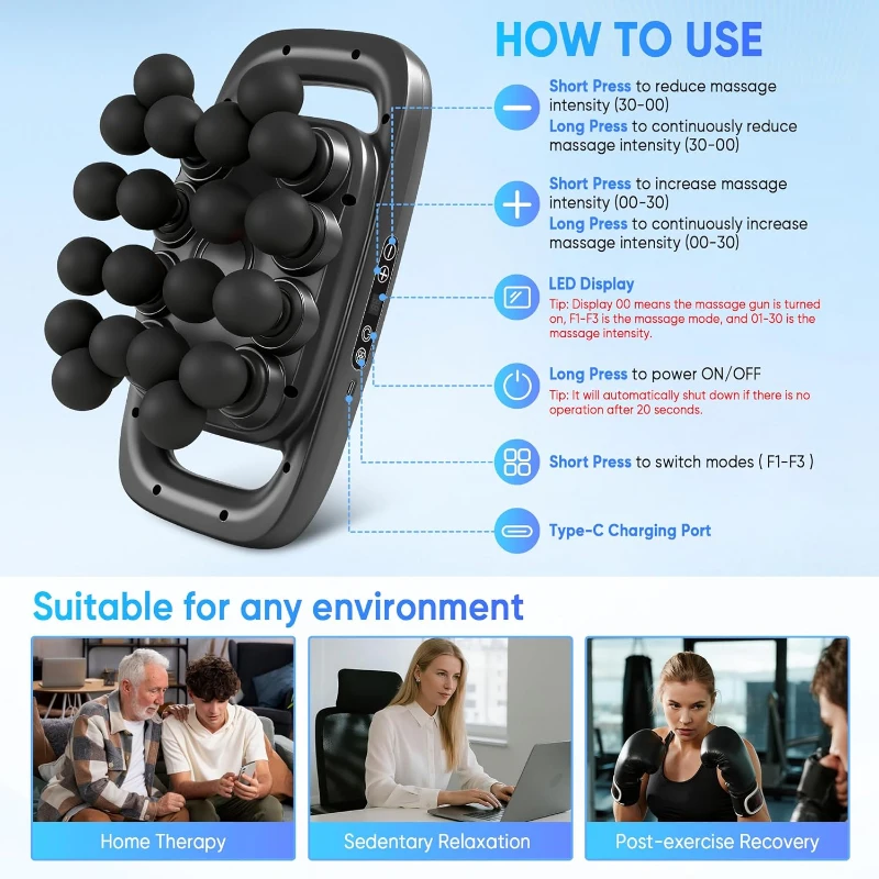 20-Head Deep Tissue Massage Gun — Percussion Massager with 3 Modes & 30 Levels for Back/Shoulders/Legs/Waist (Black, 20-Head)