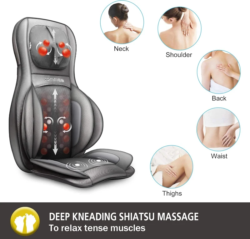 COMFIER Deep Tissue Back Massager — Shiatsu Neck & Back Pad with Heat, Rolling and Air Compression, Fits Office Chairs — Full-Body Massage Chair Pad Gift for Mom and Dad