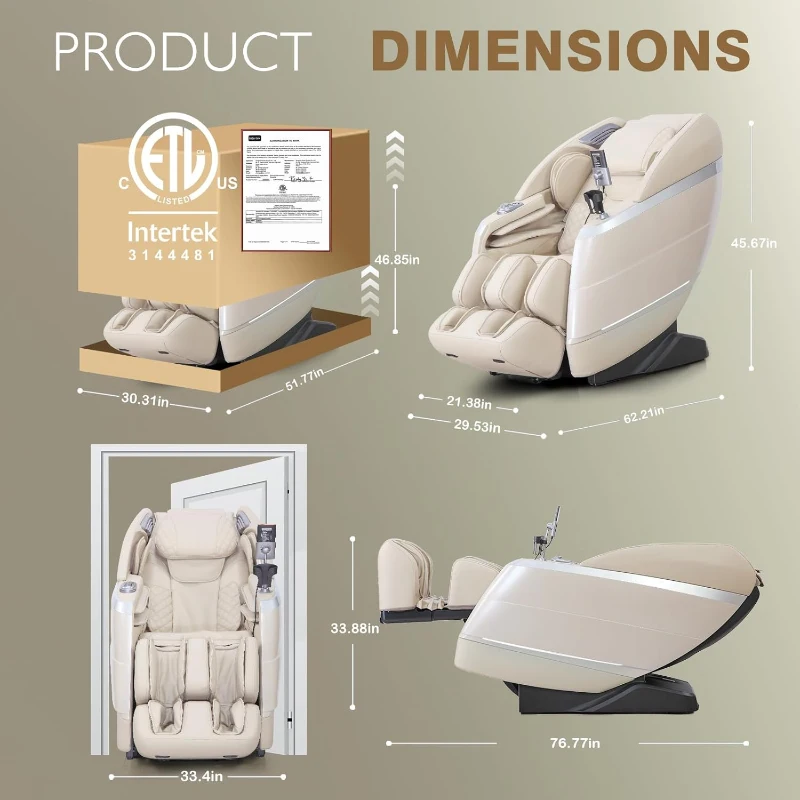 4D Zero Gravity Massage Chair – Beige, 55"" SL-Track Full-Body Shiatsu Recliner with Body Scan, Deep Tissue Knead, Heating, 36 Airbags & Voice Control (18 Auto Modes, 11 Techniques)
