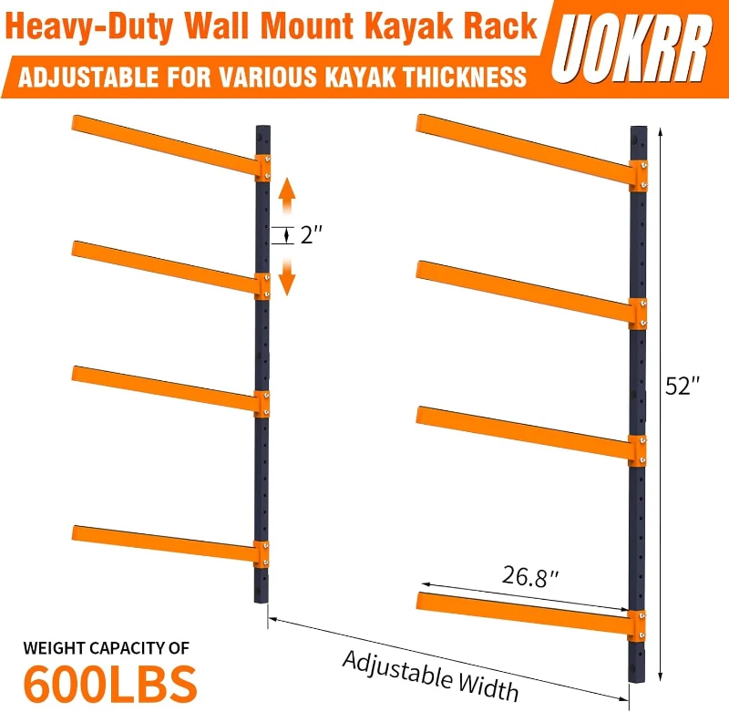 Wall-Mount Kayak Storage Rack - Heavy-Duty Adjustable Steel Spacesaver for Garage, Indoor & Outdoor