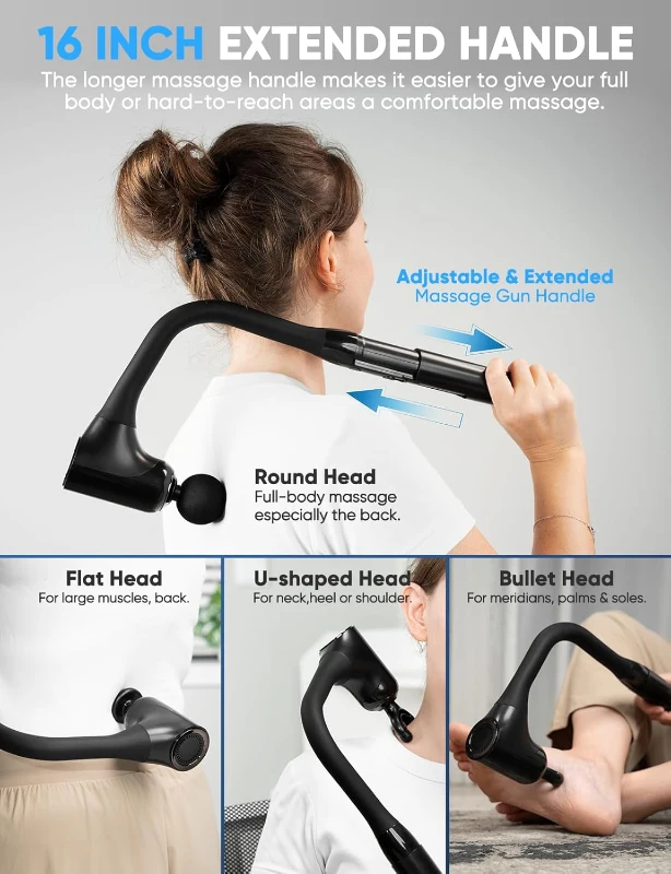 Extended-Handle Deep Tissue Massage Gun — Percussion Back Massager with 12mm Stroke, Less-Shock Ergonomic Design, Infinitely Adjustable Speed and 4 Replaceable Heads for Neck/Shoulder/Leg/Foot Relief
