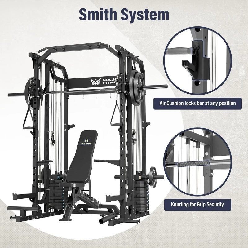 Major Fitness Drone2 Advanced Smith Machine – All-in-One Home Gym Squat Rack with Aluminum Pulley Set, Weight Bar, Dual Lat Pulldown Systems & Cable Crossover for Comprehensive Full-Body Training
