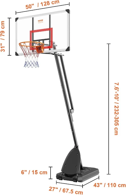 VEVOR Adjustable Portable Basketball Hoop with Mobile Stand & Weighted Base, Height-Adjustable Rim for Youth and Adults, Indoor/Outdoor