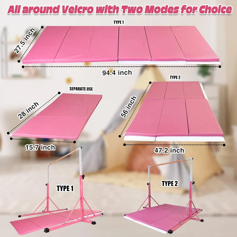 Portable Gymnastics Bar 5FT/6FT for Kids Ages 5-20 - Adjustable 35""–59"" (5FT Model), 500 lb Capacity with Folding Mat