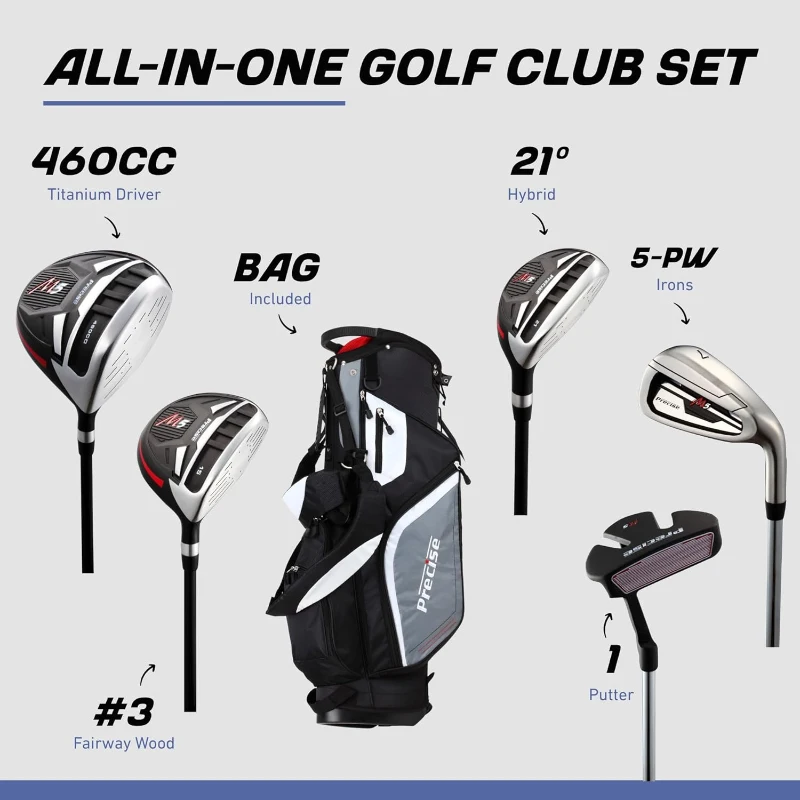 Precise M5 Men's Golf Set — 460cc Driver, #3 Fairway, 21° Hybrid, 5-PW Stainless Irons, Putter, Deluxe Stand Bag, 3 Headcovers