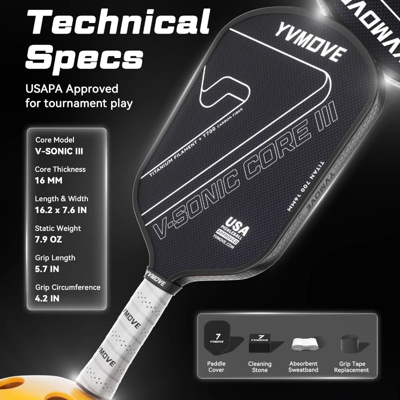 Advanced Pickleball Paddle — Ti-Carbon Hybrid Face, V-SONIC III 16mm Core, Large Sweet Spot, Mid-Weight, Extended Grip — USAPA Approved
