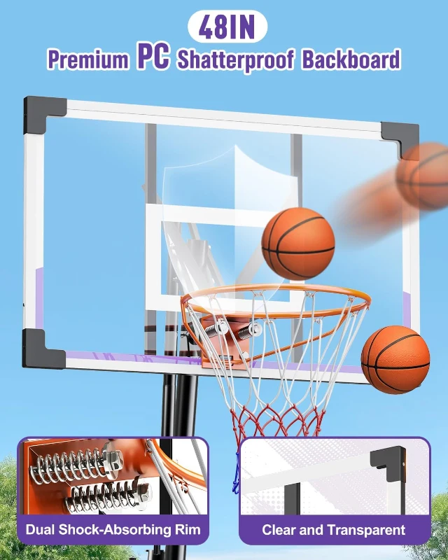 TONBUX Portable Basketball Hoop — 44/48-inch Shatterproof PC Backboard, Stepless Height Adjustment 5.25–10 ft for Kids, Teens & Adults (Backyard, Driveway, Indoor)