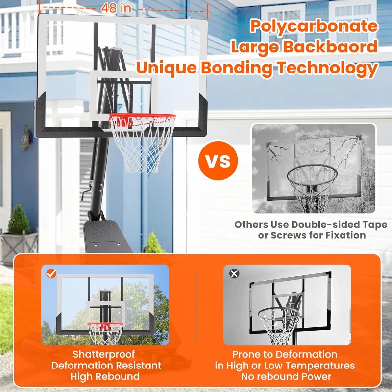 10ft Height-Adjustable Portable Basketball Hoop System with 45/48in Steel-Frame Backboard — Wheels & Fillable Base for Driveway, Backyard or Pool