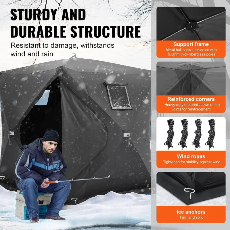 VEVOR Pop-Up Ice Fishing Shelter — Hub-Style Portable Tent, Insulated or Non-Insulated Options, Waterproof 300D Oxford Fabric, Includes Anchors, Ropes & Carry Bag (90 x 90 x 80 in)