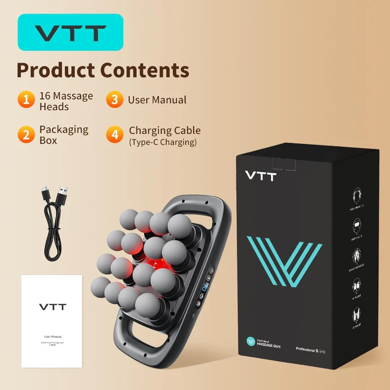 VTT 16-Head Deep Tissue Massage Gun Set — Percussion Massager with 3 Modes & 30 Intensity Levels, Ultra-Quiet Operation for Back, Shoulders, Legs, Feet