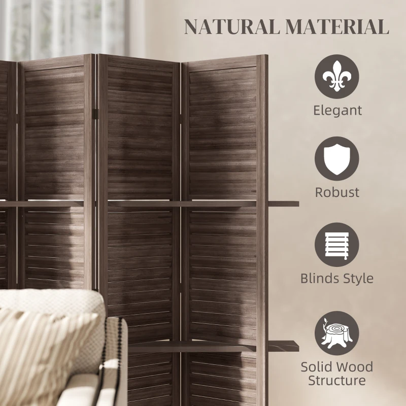 HOMCOM 4 Panel 67" Tall Wood Privacy Screen Room Divider with 3 Shelves and Folding Storage for Bedroom, Walnut