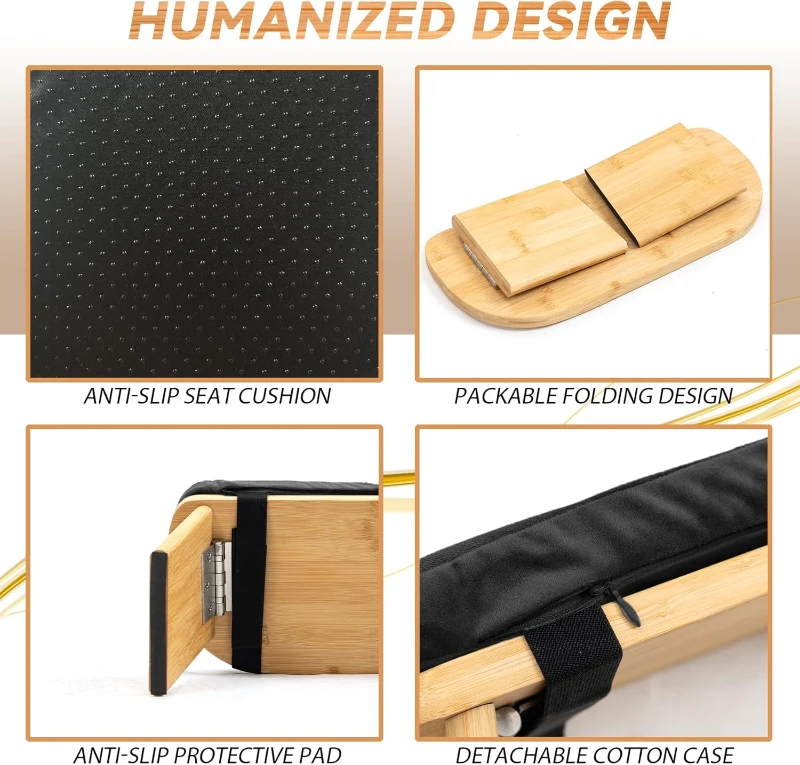 100% Natural Bamboo Folding Meditation Bench with Cushion and Carry Bag — Seiza Kneeling Stool (Black)