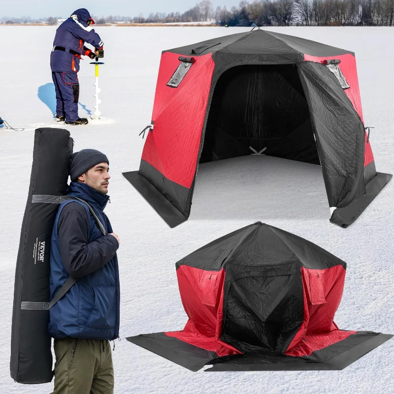 VEVOR Large Insulated Pop-Up Ice Fishing Tent – 600D Oxford, 80g Padding, Hub-Style Shelter for Multiple Anglers, Waterproof, Includes Anchors, Ropes & Carry Bag