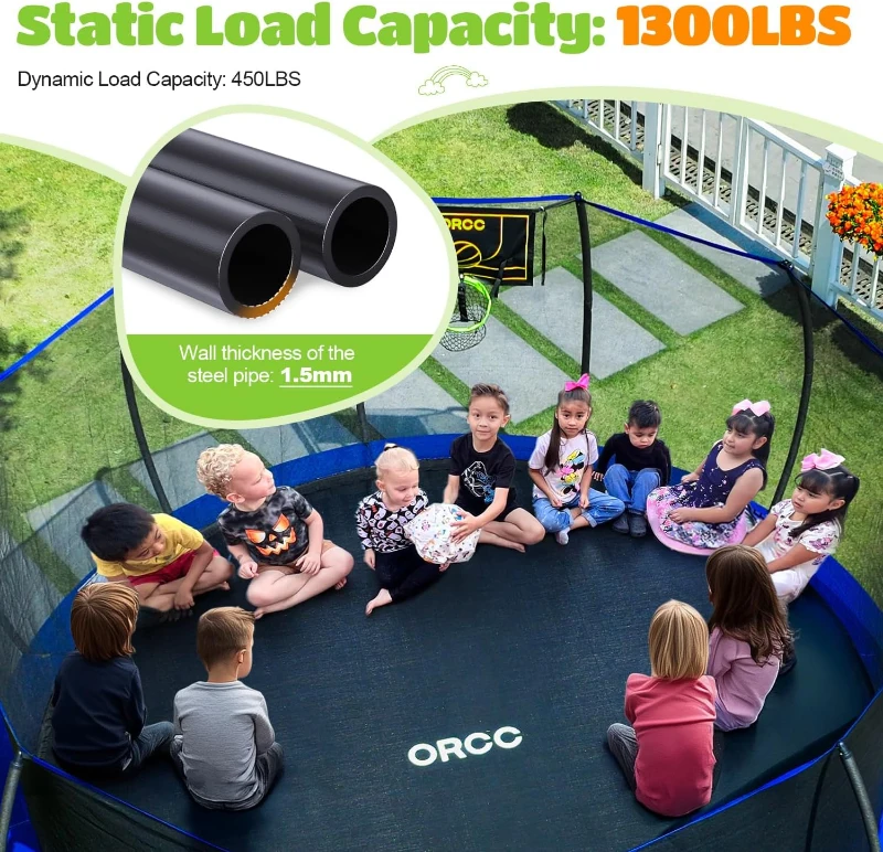 ORCC Outdoor Trampoline – Multi-Size Options (8–16 ft), 1200 lbs Weight Capacity, Enhanced Safety Features, Basketball Hoop & Water Sprinkler for Kids and Adults